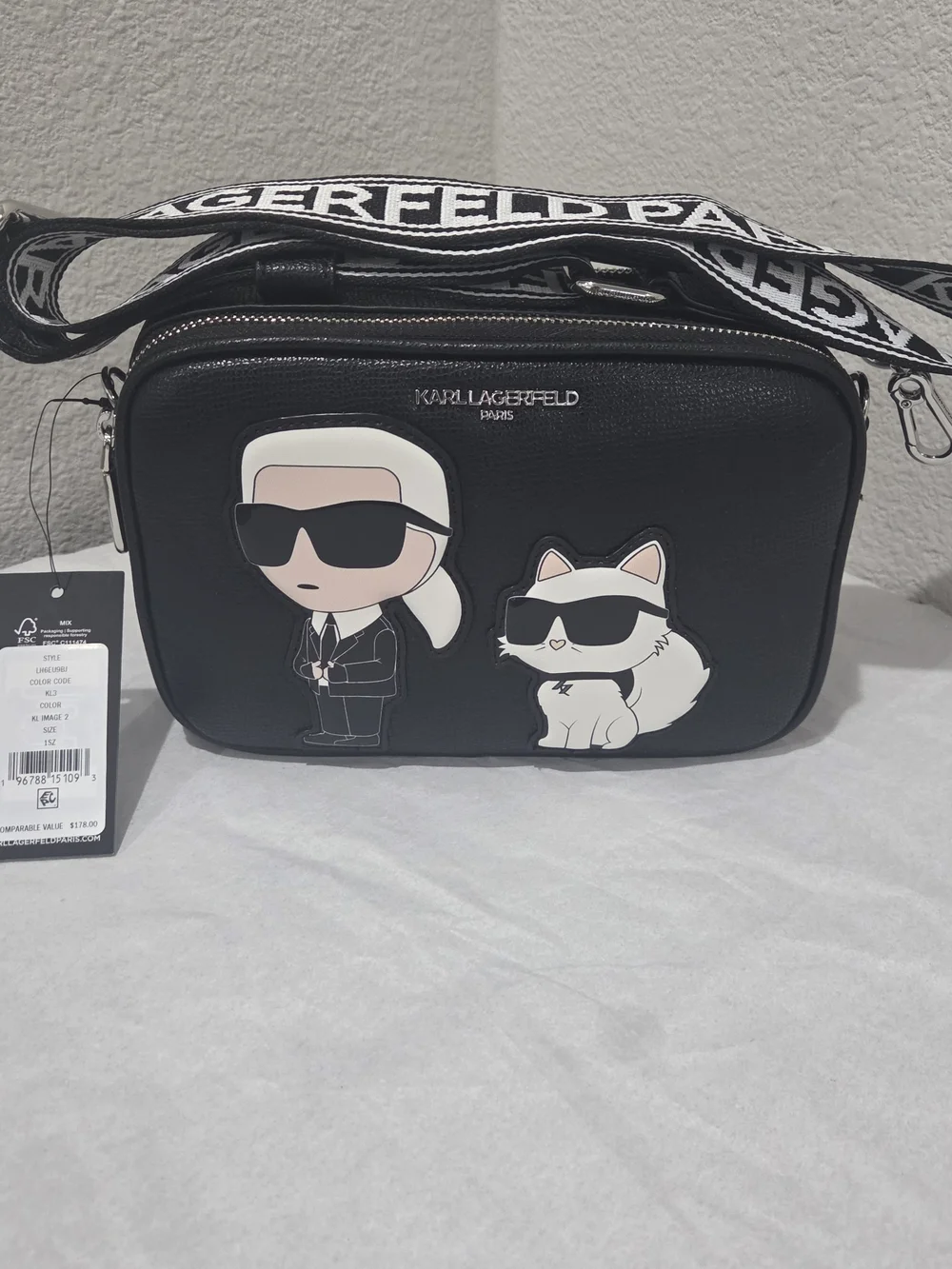 Karl Lagerfeld Black Crossbody Camera Bag with Character Patch NWT